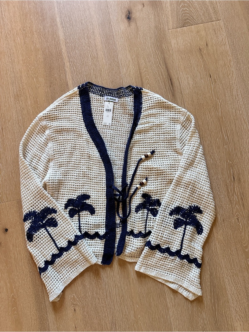 Anthropologie Cream & Navy Palm Tree Open-Knit Cardigan